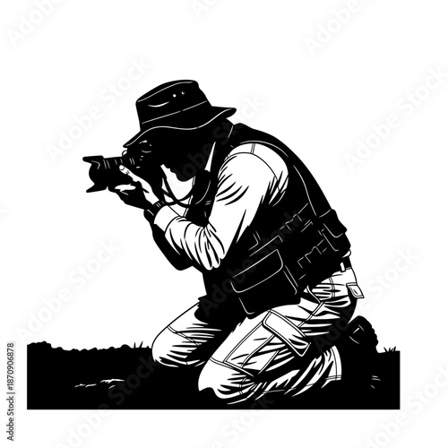 Photographer Kneeling Capturing Image with Professional Camera Equipment.