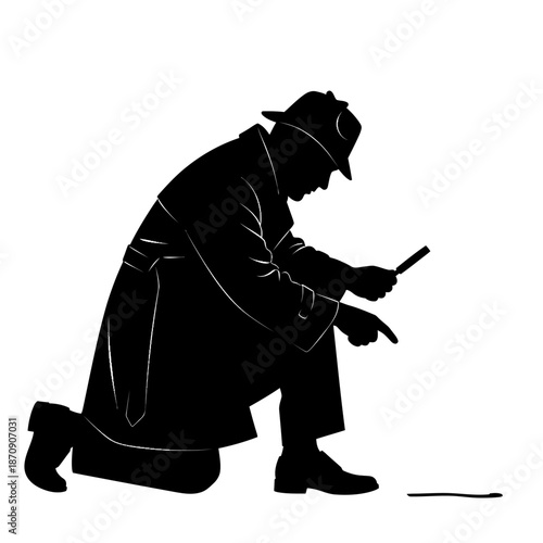 Silhouette of a Detective Examining Evidence on the Ground.