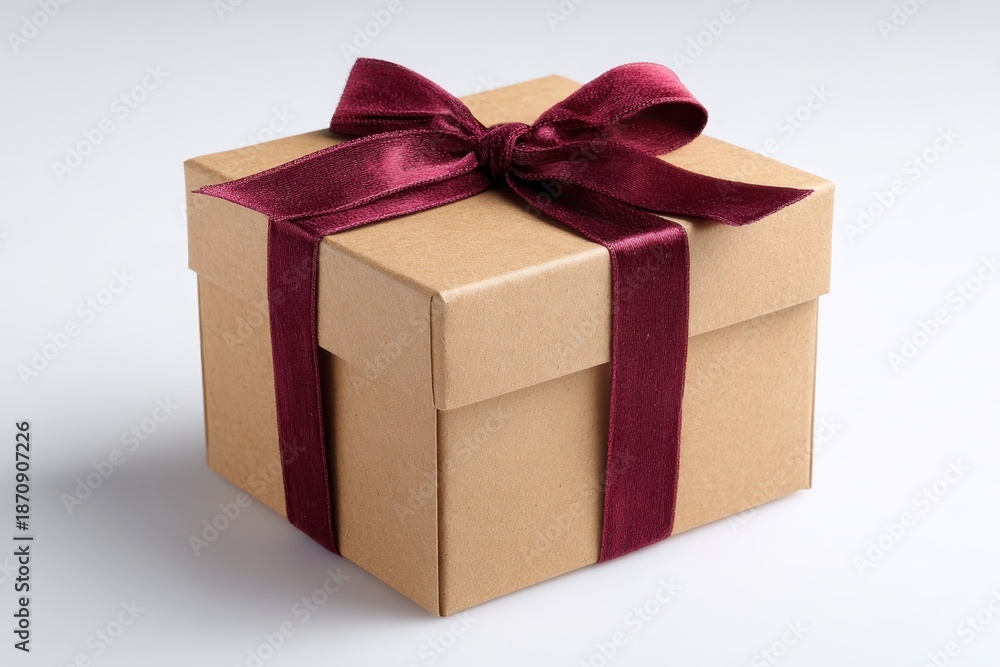 Fototapeta premium Gift box. One beige colored present box tied maroon velvet ribbon and bow. Joy, anticipation of receiving presents. Single 3D Giftbox neat isolated white backdrop. Distinctive festive Christmas gifts.