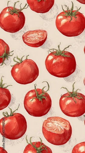 Seamless Pattern of Whole Peeled Red Tomatoes