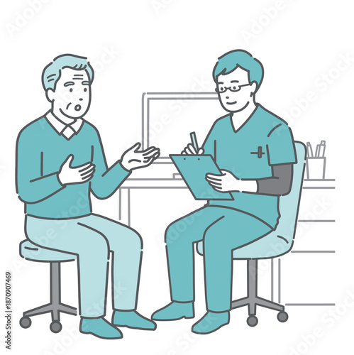 問診をする男性医師と高齢男性（スクラブ・医療従事者）