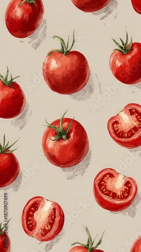 Seamless Pattern of Whole and Sliced Tomatoes