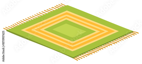 Green and Yellow Area Rug with Tassels in Isometric Perspective Interior Design