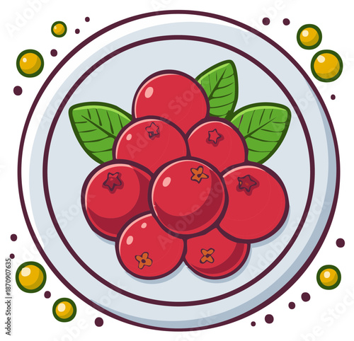 Ripe red cranberries with green leaves on a white plate with decorative yellow circles