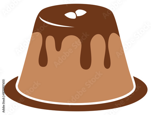 Sweet chocolate pudding dessert with melted fudge sauce dripping down flat vector icon