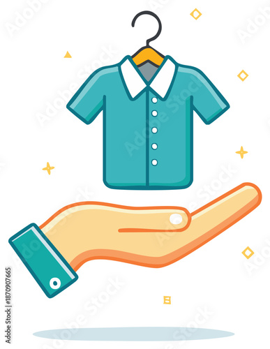 Hand presenting a tidy blue short sleeve collared shirt on a hanger icon