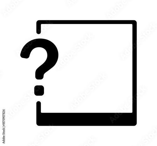 Minimalist black question mark in square frame on white background.