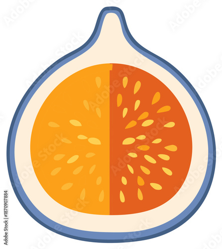 Ripe fig fruit cut in half showing seeds, simple flat vector icon illustration