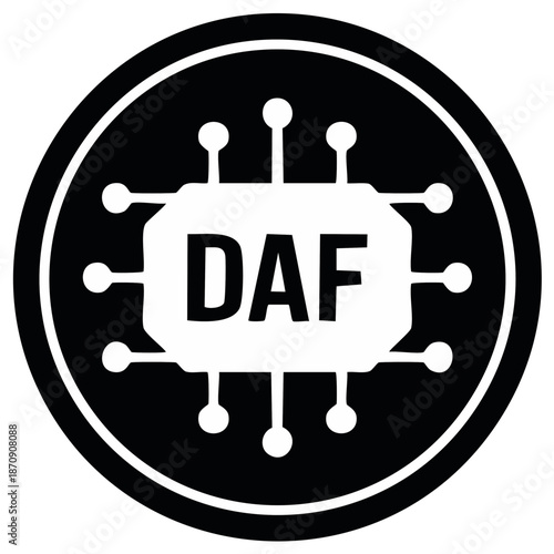 Monochrome technology icon with DAF acronym on a computer chip graphic