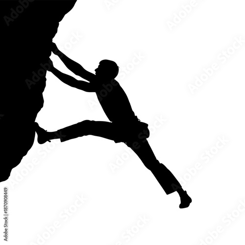 Silhouette of a rock climber ascending a steep cliff face.