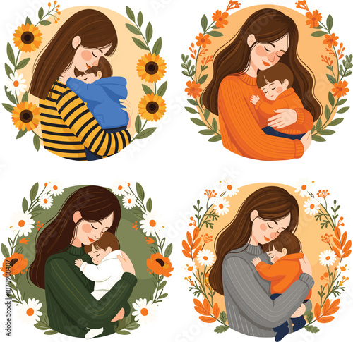 Mother holding baby illustration set with floral wreaths showing love care tenderness and maternal bonding