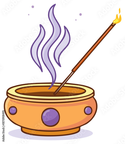 Burning incense stick in a decorative bowl with aromatic purple smoke rising gracefully