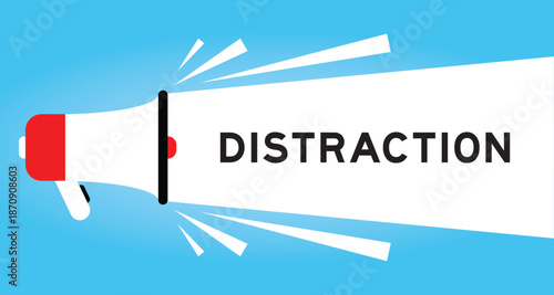 Color megaphone icon with word distraction in white banner on blue background