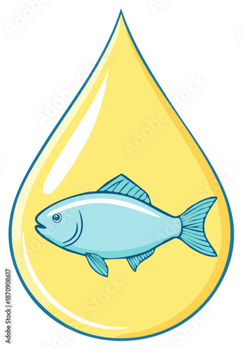 Omega Three Fatty Acid Concept with Blue Fish inside Golden Yellow Oil Drop Illustration