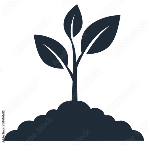 Simple silhouette icon of a young plant growing from soil representing growth and ecology