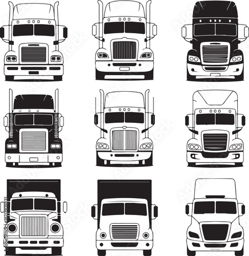 Collection of semi truck cabs in black and white