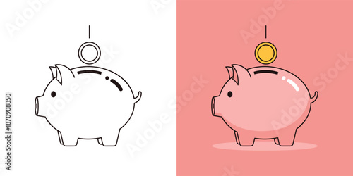 Illustration of a piggy bank with a coin being inserted into it, showcasing saving money concept