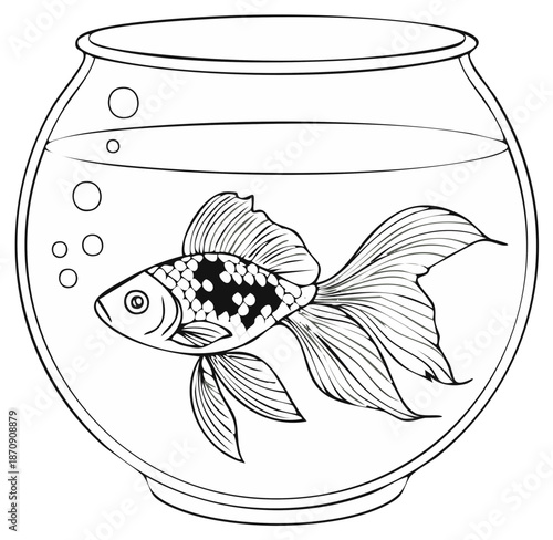 Detailed black and white line drawing of a fancy goldfish in a glass fishbowl