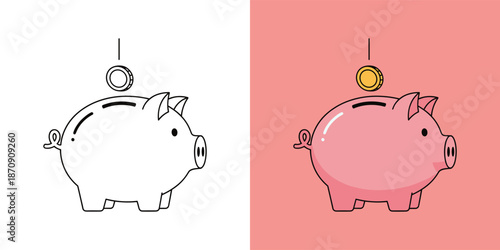 Piggy banks receiving coins from above in a split-toned illustration