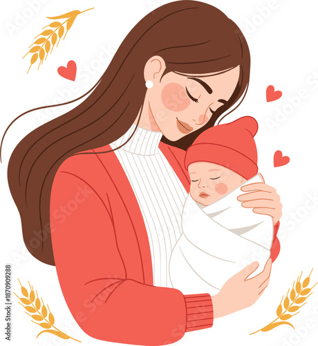 Loving mother holding newborn baby illustration showing maternal care tenderness and family affection concept