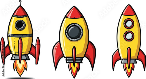 Cartoon rocket ship set with fire engine and yellow space boosters