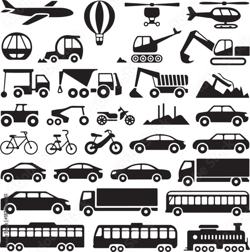 Collection of various transportation vehicles and construction machines icons