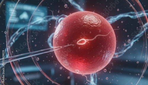 Medical technology assisting human reproduction by carefully injecting a sperm into an egg cell for in vitro fertilization, aiding fertility and pregnancy