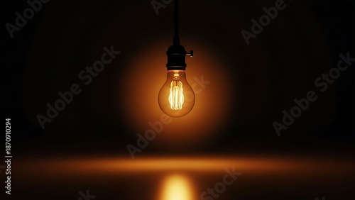A glowing vintage Edison light bulb hangs in a dark room casting a warm amber reflection on the floor.