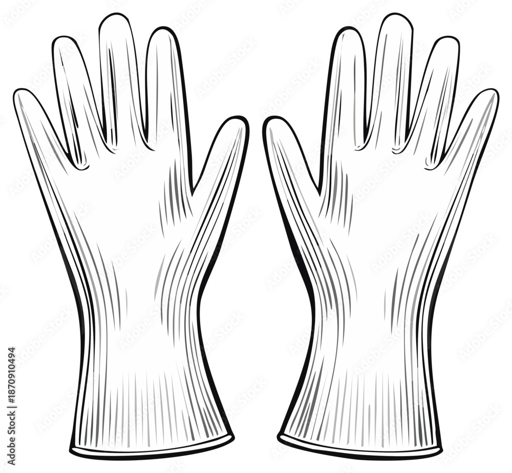 Obraz premium Black and white outline illustration of a pair of protective rubber gloves for hygiene and safety