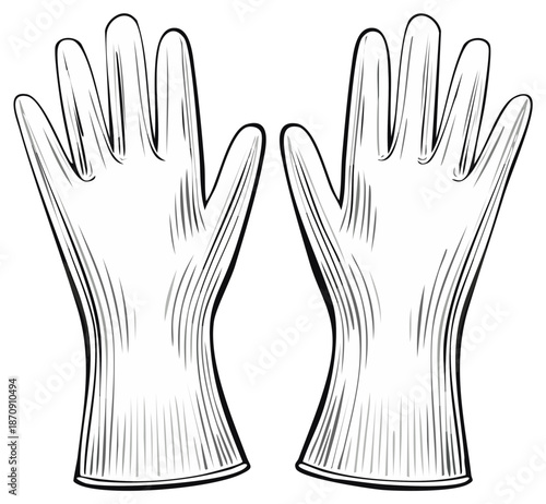 Black and white outline illustration of a pair of protective rubber gloves for hygiene and safety