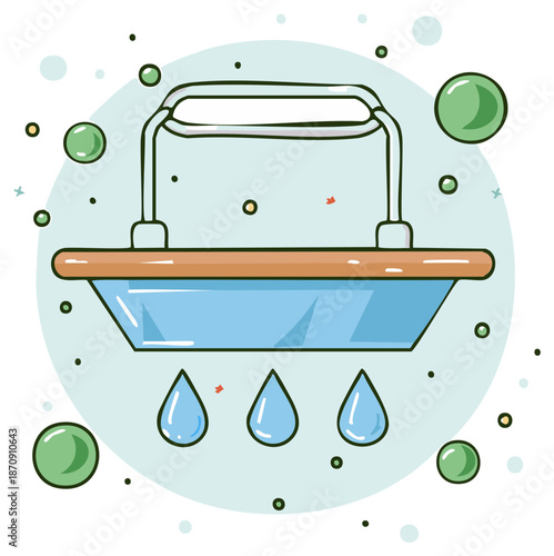 Cartoon squeegee illustration for window cleaning with water drops and soap bubbles
