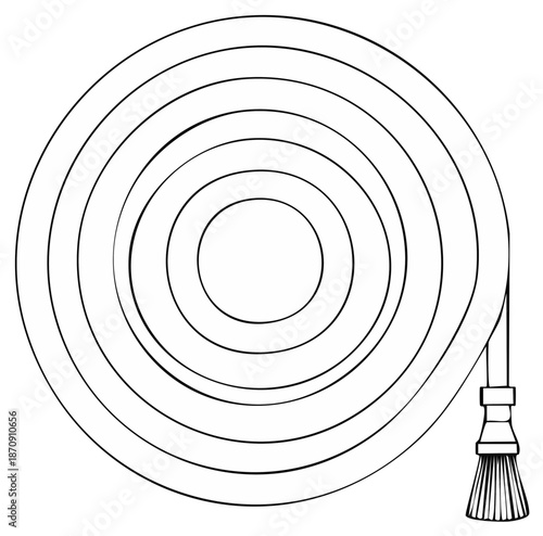 Coiled firehose line art illustration, emergency equipment for firefighting, public safety and fire protection