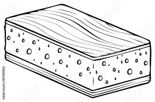 Isometric porous sponge in black line drawing, cleaning supplies, tool