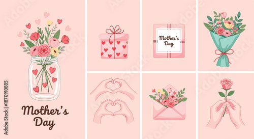 Mothers Day icons and greeting illustration set featuring flowers gifts envelopes hearts and feminine design