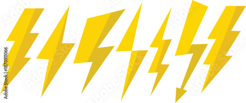 collection of six yellow and gold lightning bolt icons in different geometric styles representing electricity power and energy symbols isolated on white background.