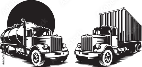 Semi truck and tanker truck illustrations in black and white side by side