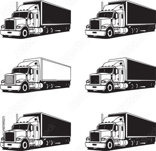 semi truck illustrations in various orientations and trailer types
