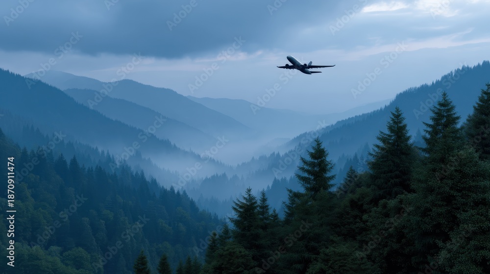 Naklejka premium Airplane Gliding Through Dense Fog Over Atmospheric Mountain Range Landscape at Dusk