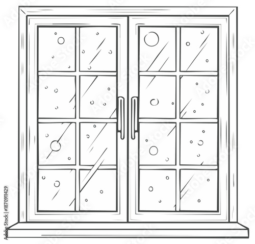 Hand drawn black and white illustration of a double window with glass panes and frame