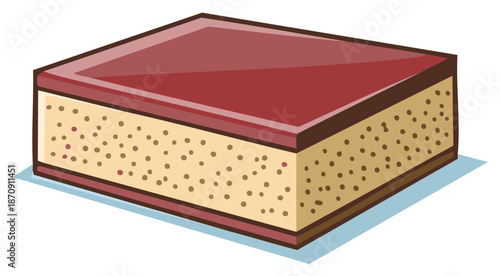 Delicious slice of layered dessert with jam and cookie crumble filling