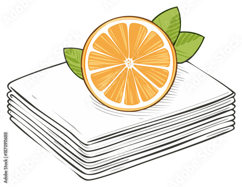 Vibrant orange slice with green leaves atop a stack of napkins vector illustration
