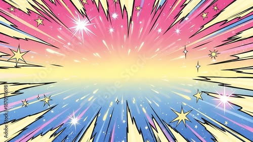 Comic book explosion background with stars, energy effect, cartoon style