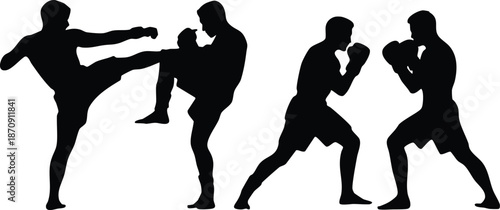 Martial Arts and Combat Sports Silhouettes, Kickboxing, Boxing, vector, illustration, silhouette