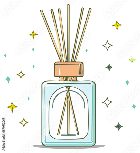 Hand drawn vector illustration of a sparkling aroma reed diffuser for home fragrance and aromatherapy