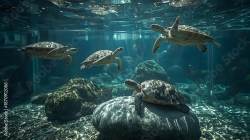 Detailed underwater scene of turtles in a tank with rocks and plants, natural lighting.