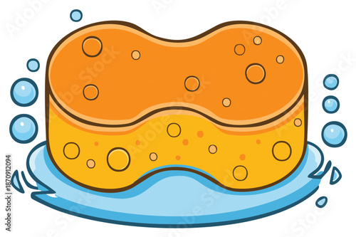 Yellow washing sponge icon with soapy water and bubbles cartoon graphic