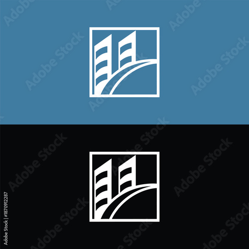 Modern Abstract Logo Featuring Stylized Buildings and Curved Roadway on Blue and Black Backgrounds