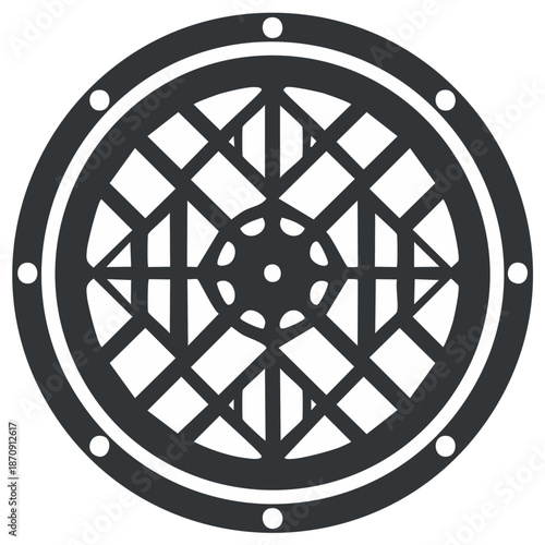 Ornamental Round Symbol with Intricate Geometric Pattern and Circular Accents