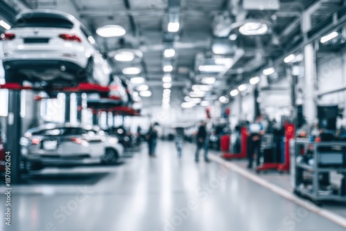 Wallpaper Mural Automobile repair service center with out of focus backdrop. Car service center, blurred no focus background auto on lift, mechanics working in the garage. Defocused auto workshop, blur. Banner. Torontodigital.ca