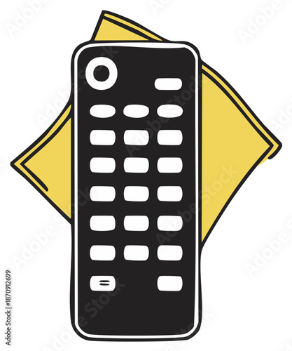 Stylized remote control icon with a yellow geometric shape behind it